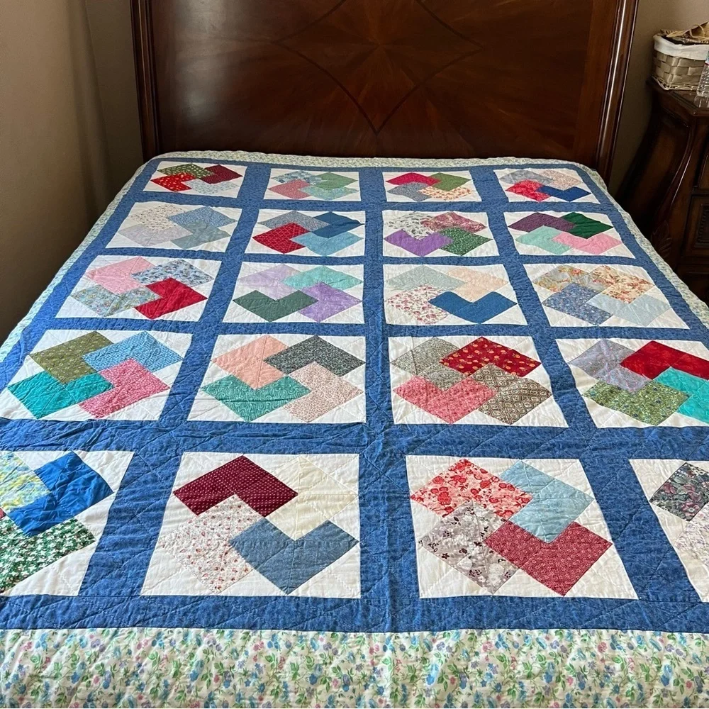 72”x88” Twin Size Handmade Patchwork Cotton Quilt. Simple Shabby Chic.